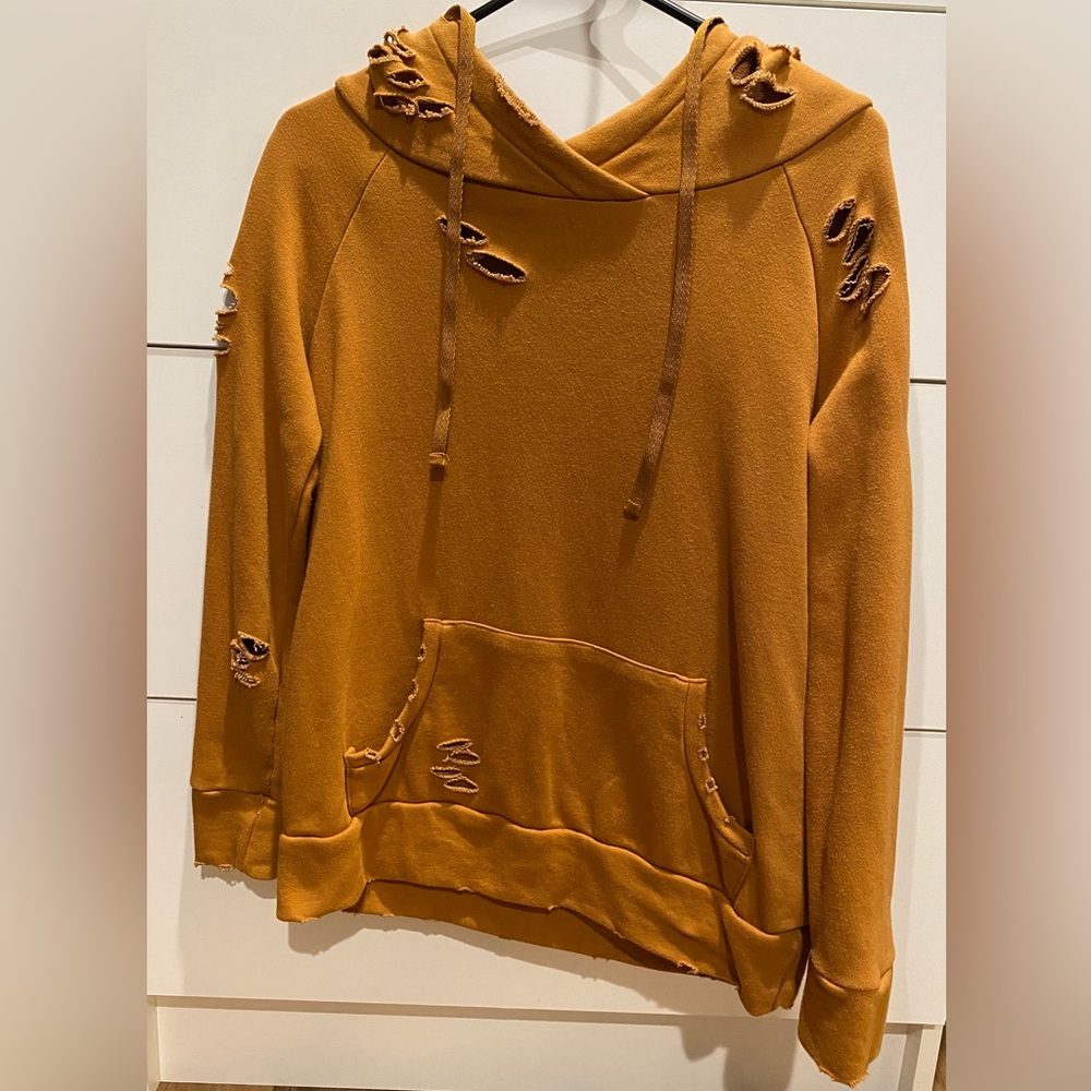 Size XS oversized distressed hoodie in mustard. New without tags